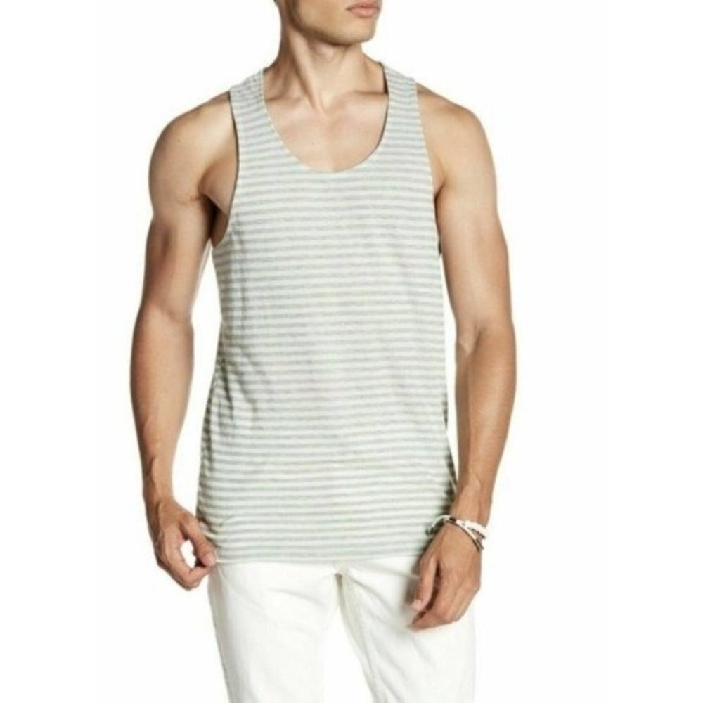 Public Opinion Muscle Tank Top Gray Green Stripe